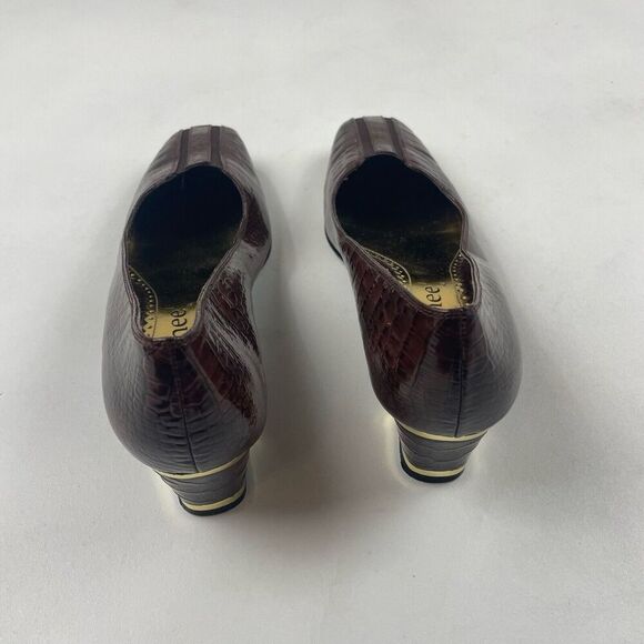 J RENEE Gustine Embossed Reptile Skin Heels Brown Square Toe Gold Accents 7.5M - Picture 5 of 9